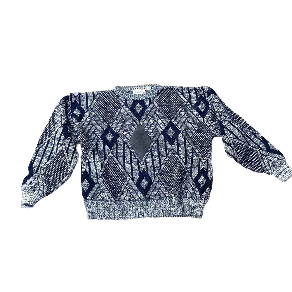 Vintage Mister Man Sweater Large Blue Gray Black Diamond Leather Patch